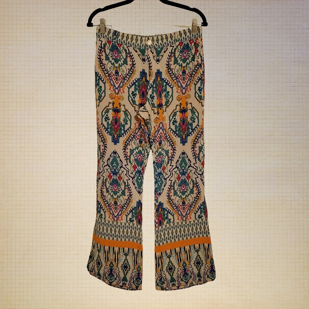 Zara Boho Patterned Lightweight Pants Women's Medium Summer Flare Elastic Waist